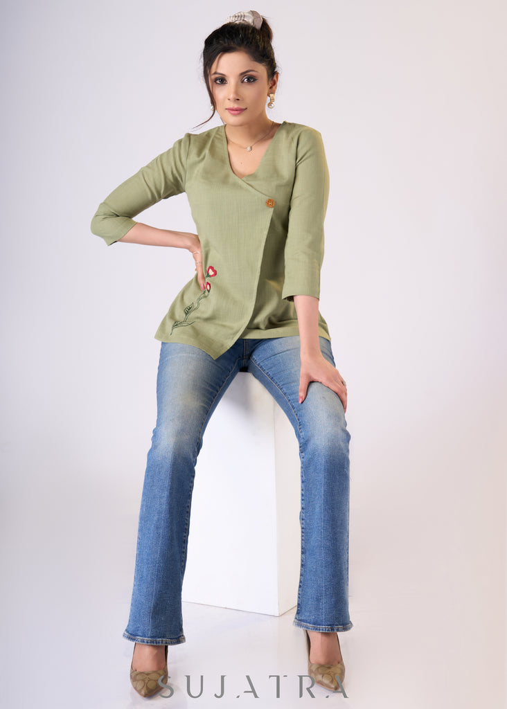 Smoke green cotton top with one-side embroidery