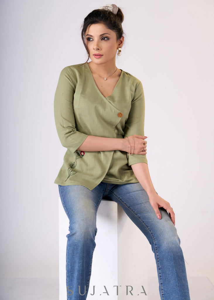 Smoke green cotton top with one-side embroidery