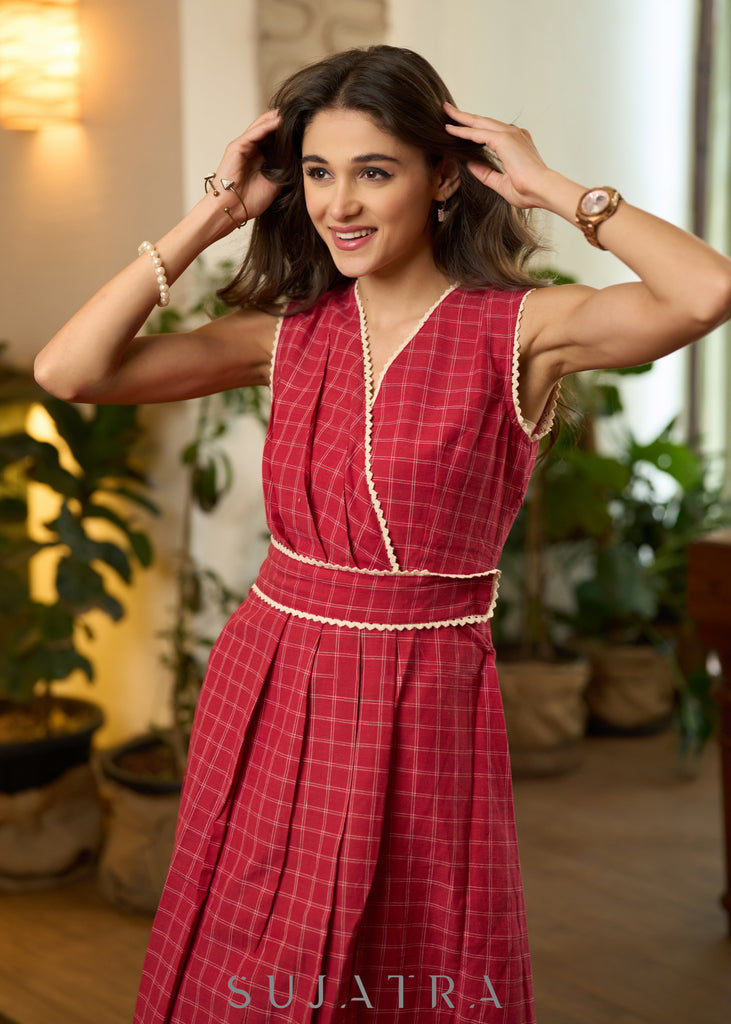 Elegant Maroon Checked Sleeveless dress with Lace detailing