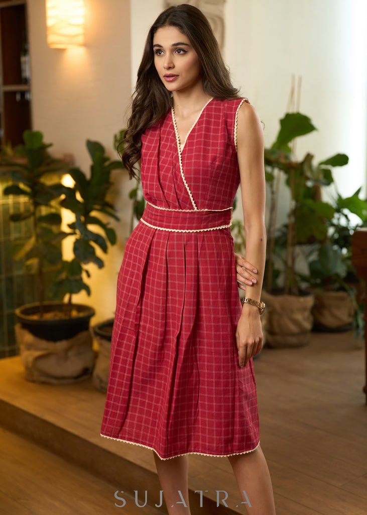 Elegant Maroon Checked Sleeveless dress with Lace detailing