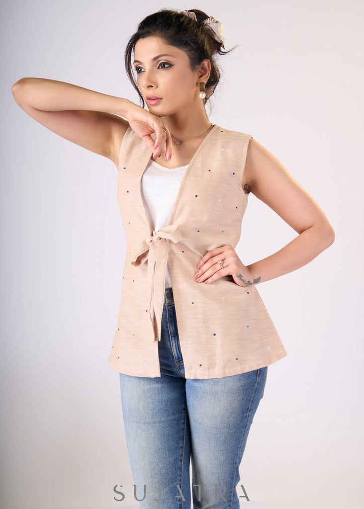 Light beige cotton top with dots embroidery with front tie-up & Inner