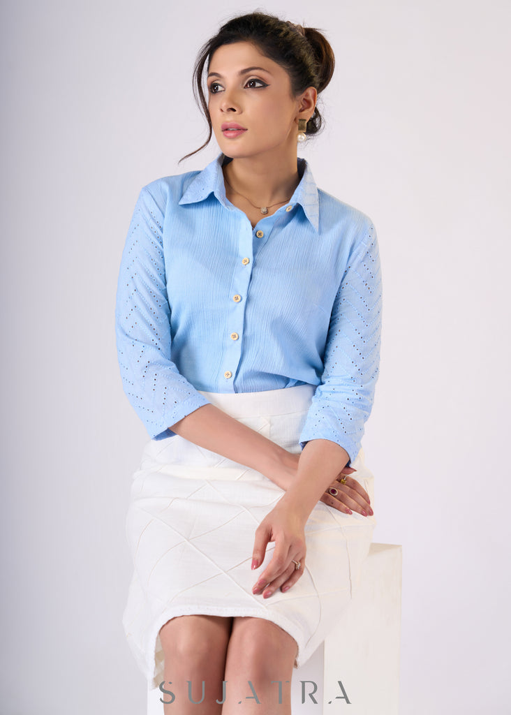 Light blue cotton shirt with hakoba detaling - Skirt Optional