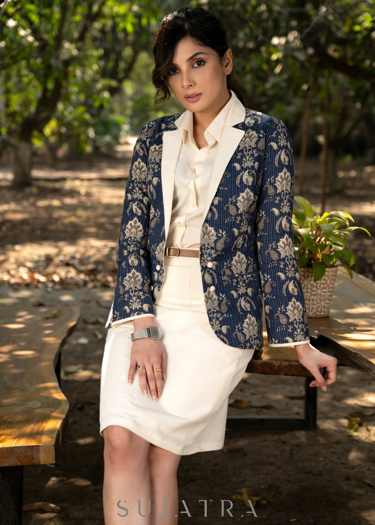 Stylish navy blue cotton floral kantha semi formal blazer with optional skirt