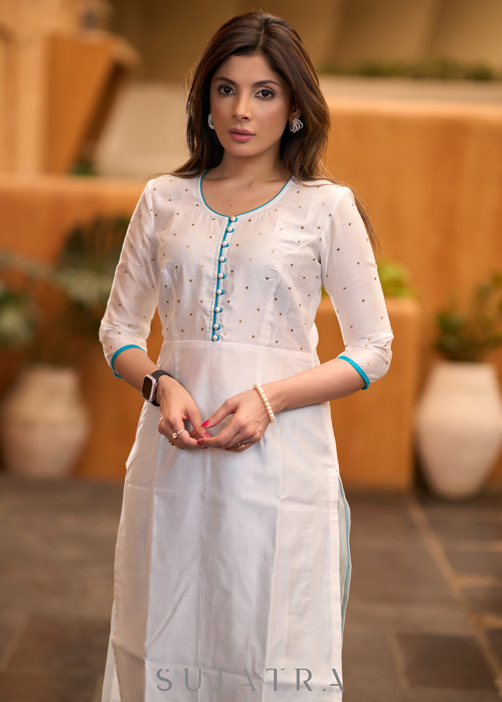 Elegant White chanderi kurta with gold sequence & blue detaling pant optional