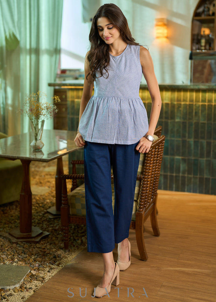 Casual navy blue rayon straight pant - Stripped Peplum Top Optional