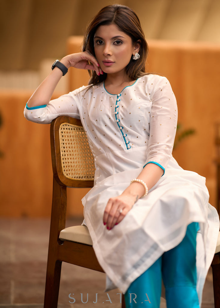 Elegant White chanderi kurta with gold sequence & blue detaling pant optional