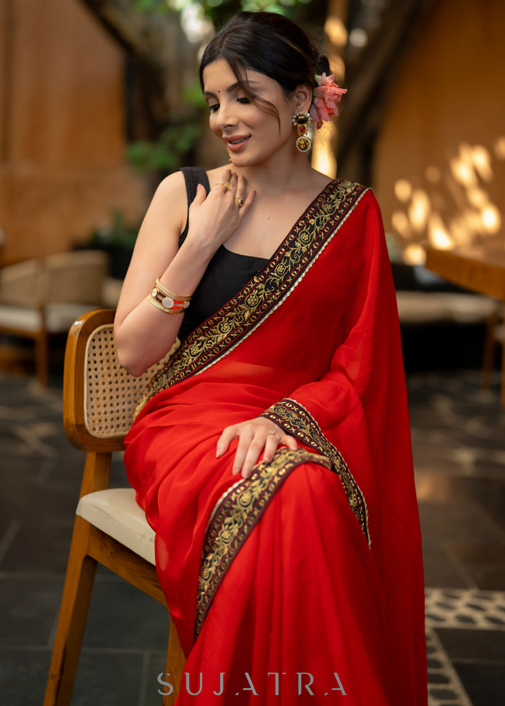 Red Chanderi Saree with zari bootis all over – Roots Handloom
