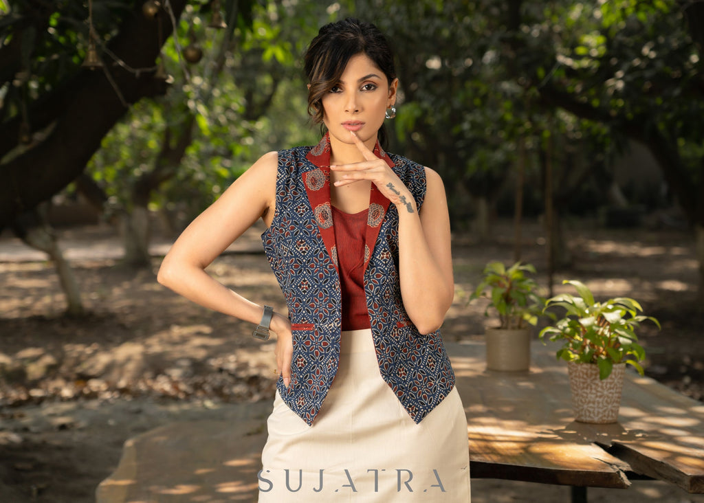 ON-SALE-trendy-blue-cotton-ajrakh-casual-waistcoat-with-optional-skirt