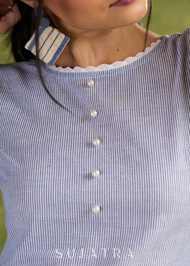 Striped Puff Sleeves Cotton Dress. Vintage Charm In Striped Patterns And Puff Sleeves