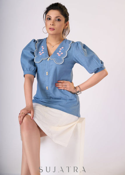 ON-SALE-powder-blue-cotton-top-with-scalloped-collar-embroidery-skirt-optional