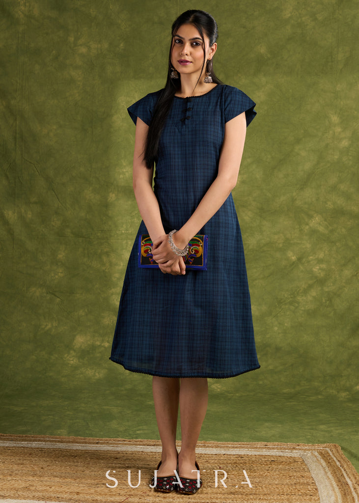 Navy Plaid Design Cotton Dress. Elegant Navy Plaid Designed Dress With Capped Sleeves For Sophistication