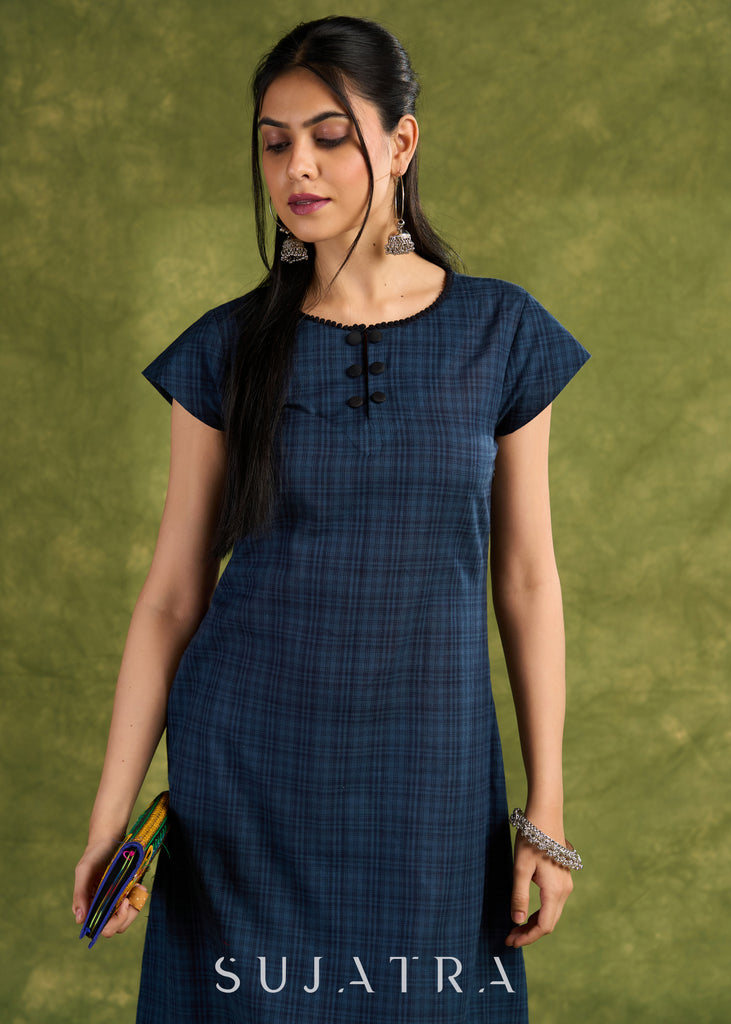 Navy Plaid Design Cotton Dress. Elegant Navy Plaid Designed Dress With Capped Sleeves For Sophistication