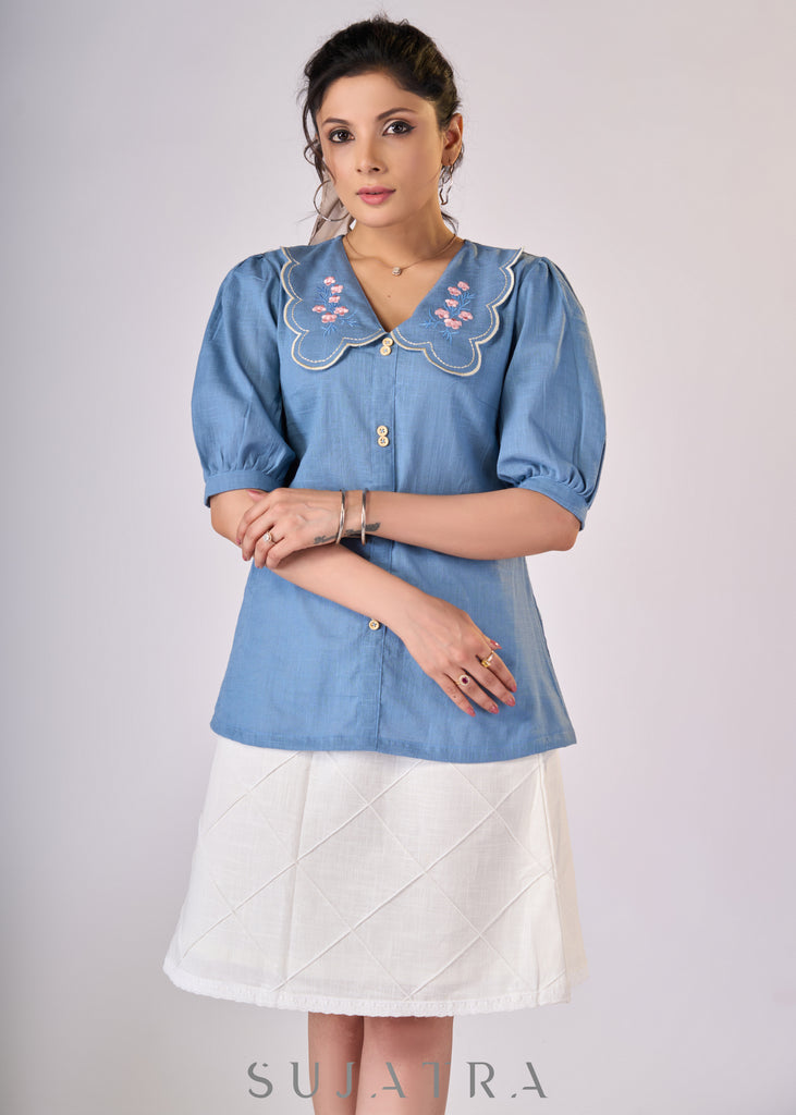 Powder blue cotton top with scalloped collar & embroidery - Skirt Optional