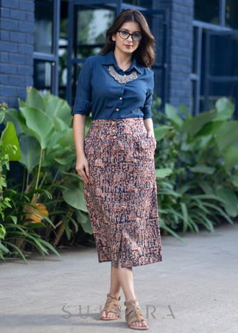 Smart Indo Western Kalamkari Skirt Navy Blue Rayon Shirt Optional