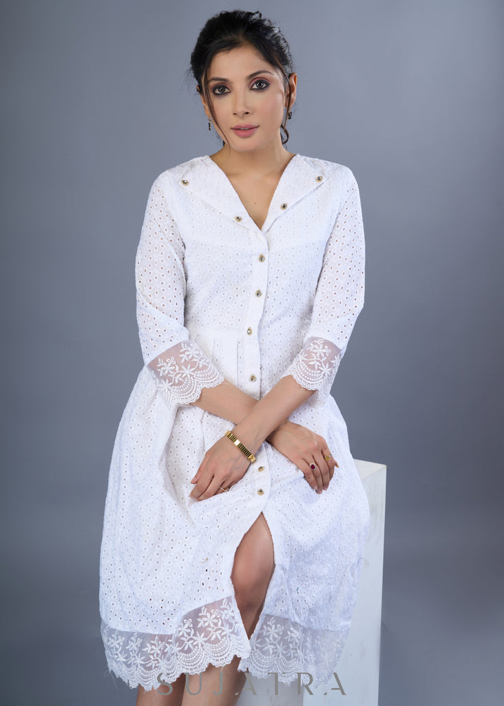 Elegant White Hakoba Pleated Dress