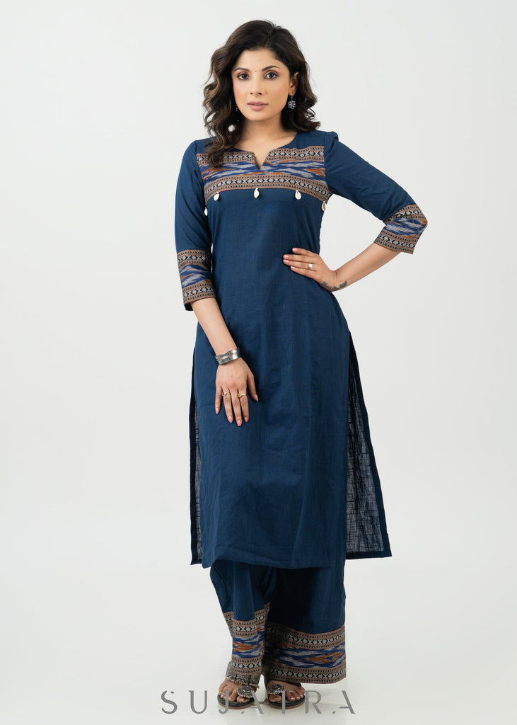 ON-SALE-stylish-navy-blue-cotton-ikat-combination-kurta-pant-optional