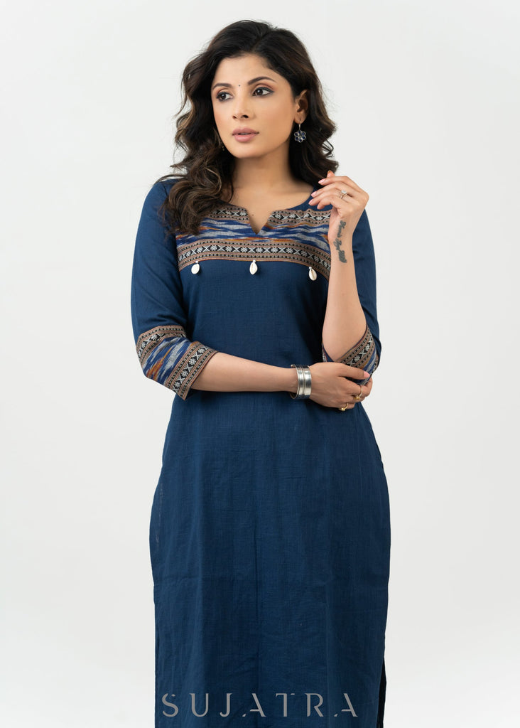 ON-SALE-stylish-navy-blue-cotton-ikat-combination-kurta-pant-optional