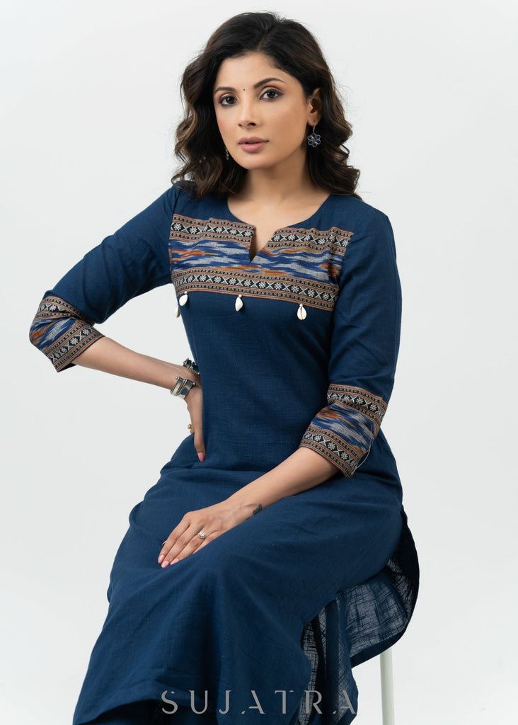 ON-SALE-stylish-navy-blue-cotton-ikat-combination-kurta-pant-optional