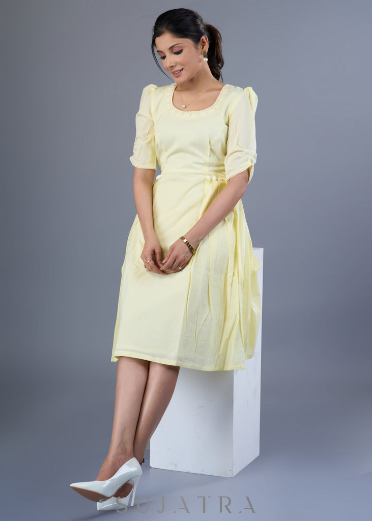 Dainty Lemon Yellow Cotton Mul Dress With Hand Embroidery On Neck & Sleeves