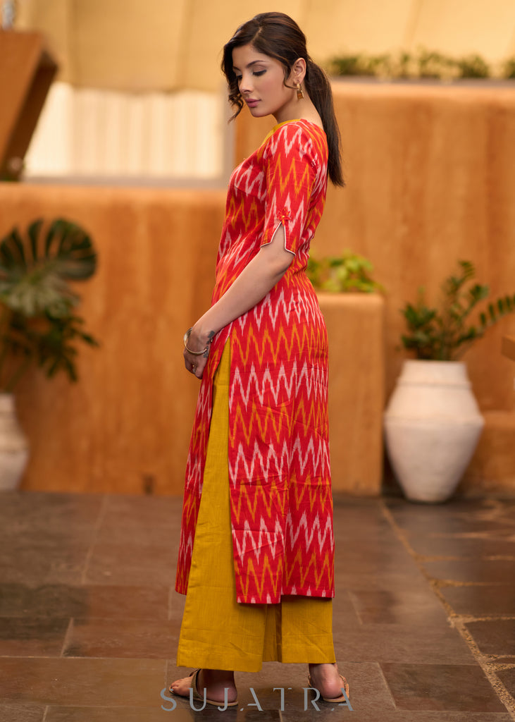 Elegant orange ikat kurta with patchwork buttons & palazzo Stole optional