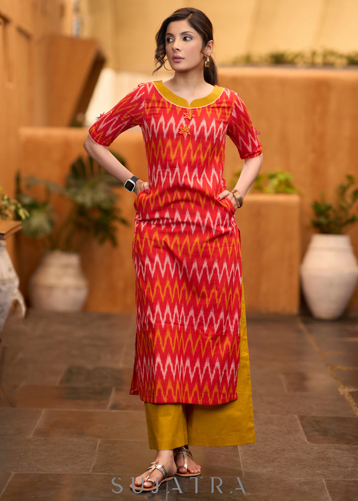 Elegant orange ikat kurta with patchwork buttons & palazzo Stole optional