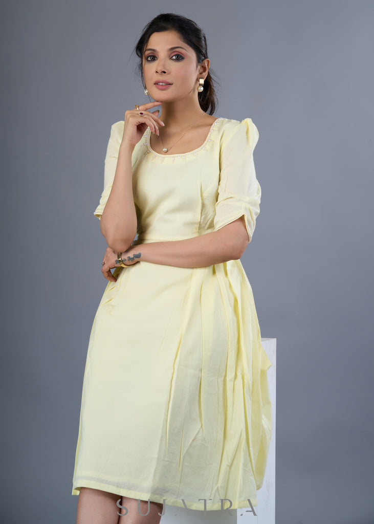 Dainty Lemon Yellow Cotton Mul Dress With Hand Embroidery On Neck & Sleeves