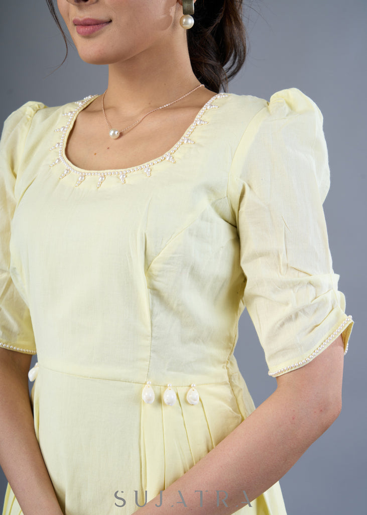 Dainty Lemon Yellow Cotton Mul Dress With Hand Embroidery On Neck & Sleeves