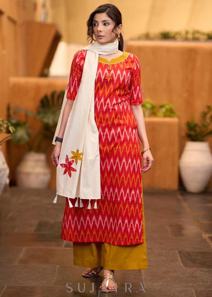 Elegant orange ikat kurta with patchwork buttons & palazzo Stole optional