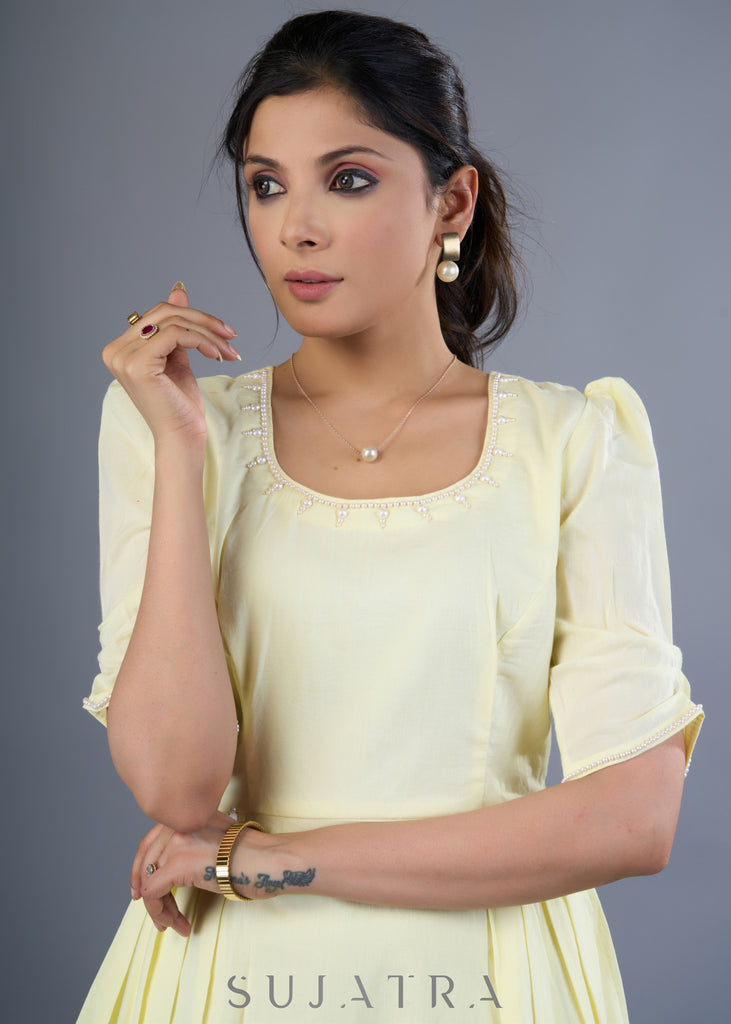 Dainty Lemon Yellow Cotton Mul Dress With Hand Embroidery On Neck & Sleeves