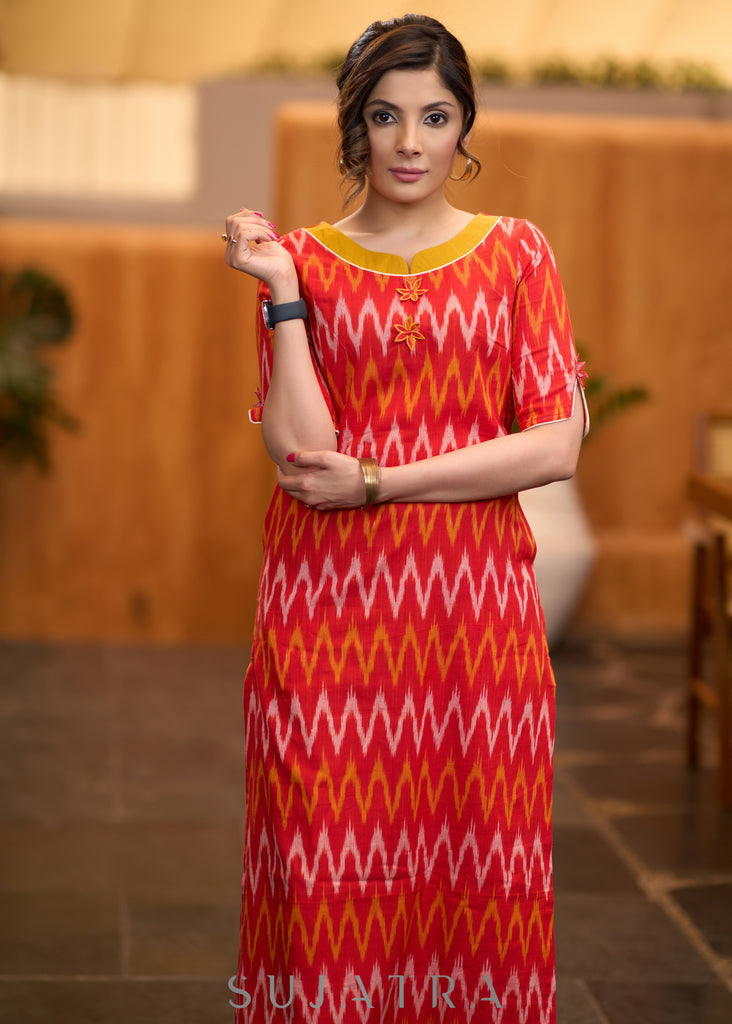 Elegant orange ikat kurta with patchwork buttons & palazzo Stole optional