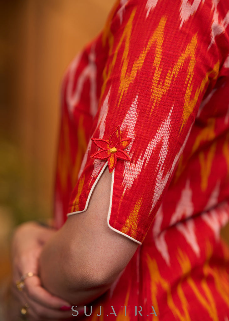 Elegant orange ikat kurta with patchwork buttons & palazzo Stole optional