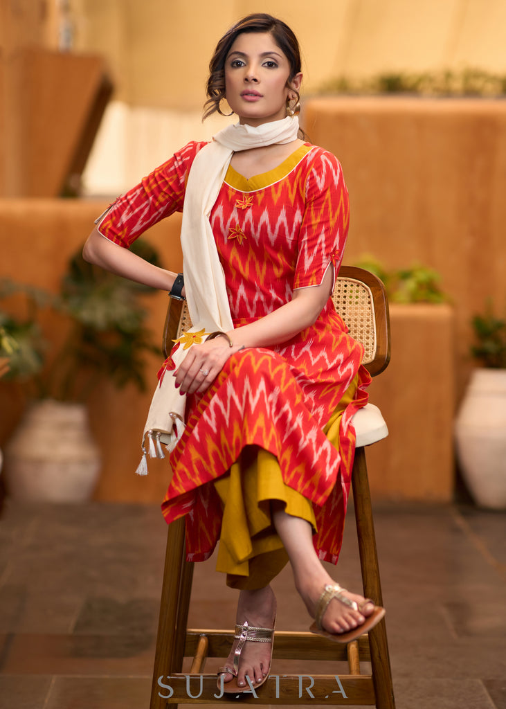 Elegant orange ikat kurta with patchwork buttons & palazzo Stole optional