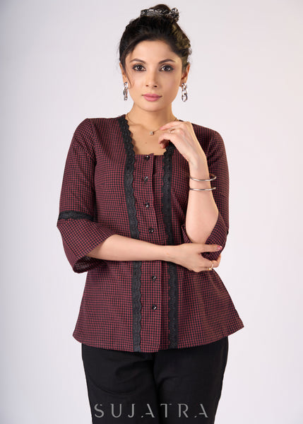 Black & Red checks Cotton top with black lace detaling - Pant Additional