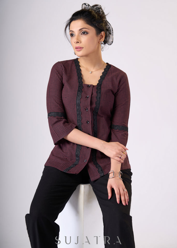 Black & Red checks Cotton top with black lace detaling - Pant Additional