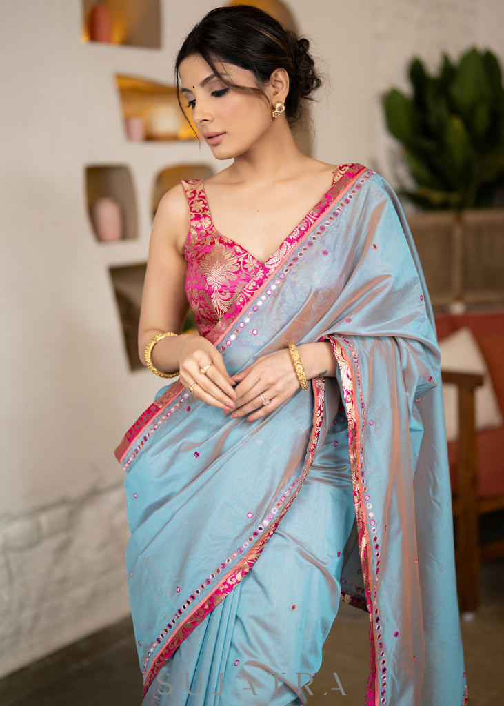 Exclusive Two Toned Sky Blue Chanderi Saree With Overall Multicolour Mirror Embroidery With Contrast Banarasi