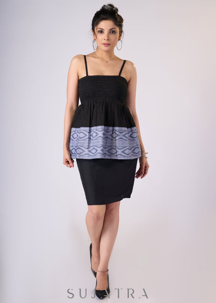 Black strappy cotton top with smocking & ice blue border - Skirt Optional