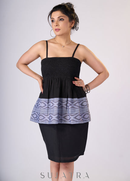 Black strappy cotton top with smocking & ice blue border - Skirt Optional