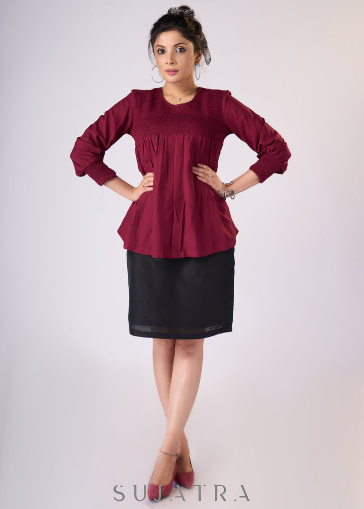 Trendy Maroon rayon top with smocking on yoke - Skirt Optional