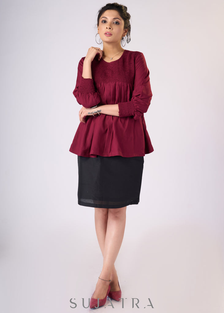 Trendy Maroon rayon top with smocking on yoke - Skirt Optional