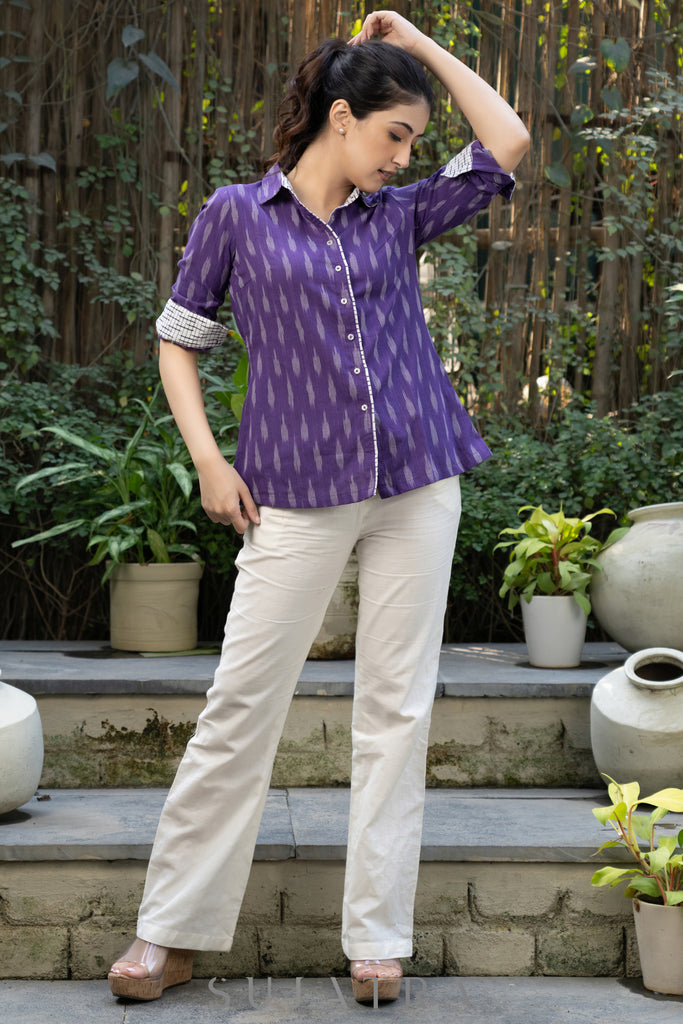 Elegant Violet Ikat Cotton Shirt Highlighted with Contrast Ivory Ikat