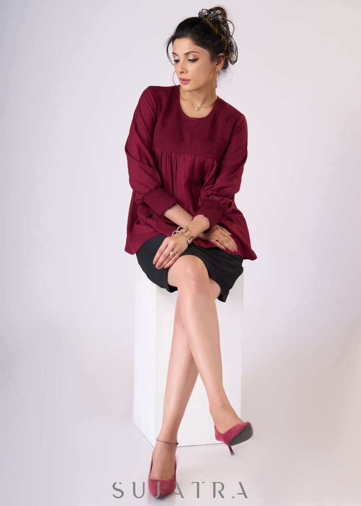 Trendy Maroon rayon top with smocking on yoke - Skirt Optional