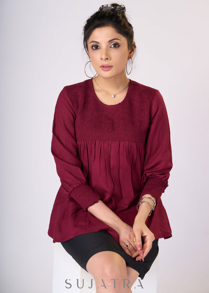 Trendy Maroon rayon top with smocking on yoke - Skirt Optional