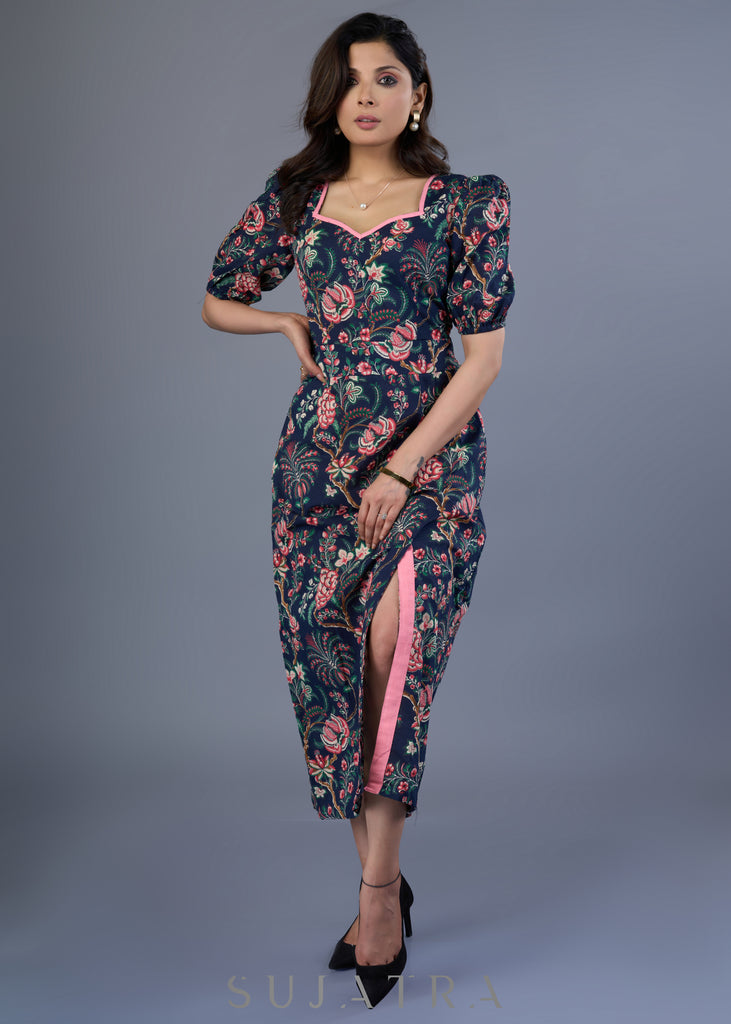 Elegant Navy Blue Cotton Floral Slit Midi Dress