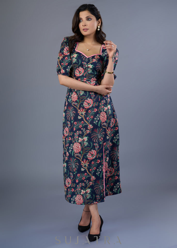 Elegant Navy Blue Cotton Floral Slit Midi Dress