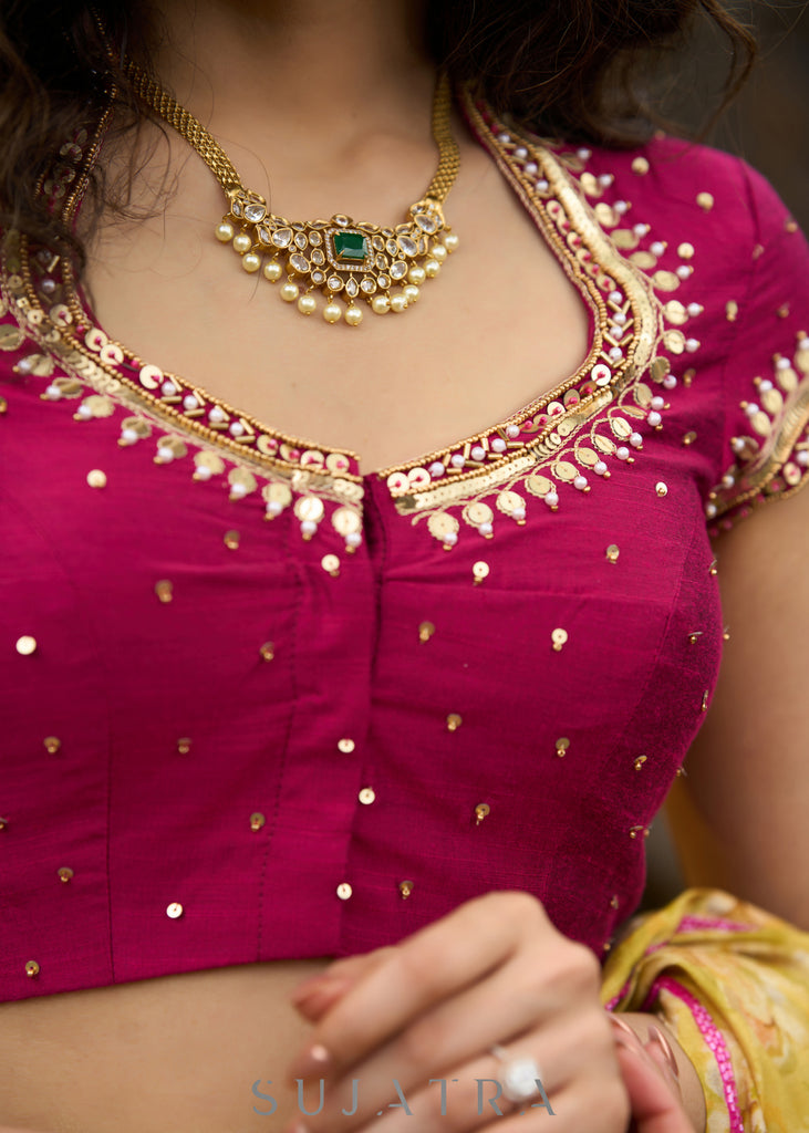 Beautiful Magenta pink cotton silk cap sleeve blouse with overall beautiful sequence embroiderey