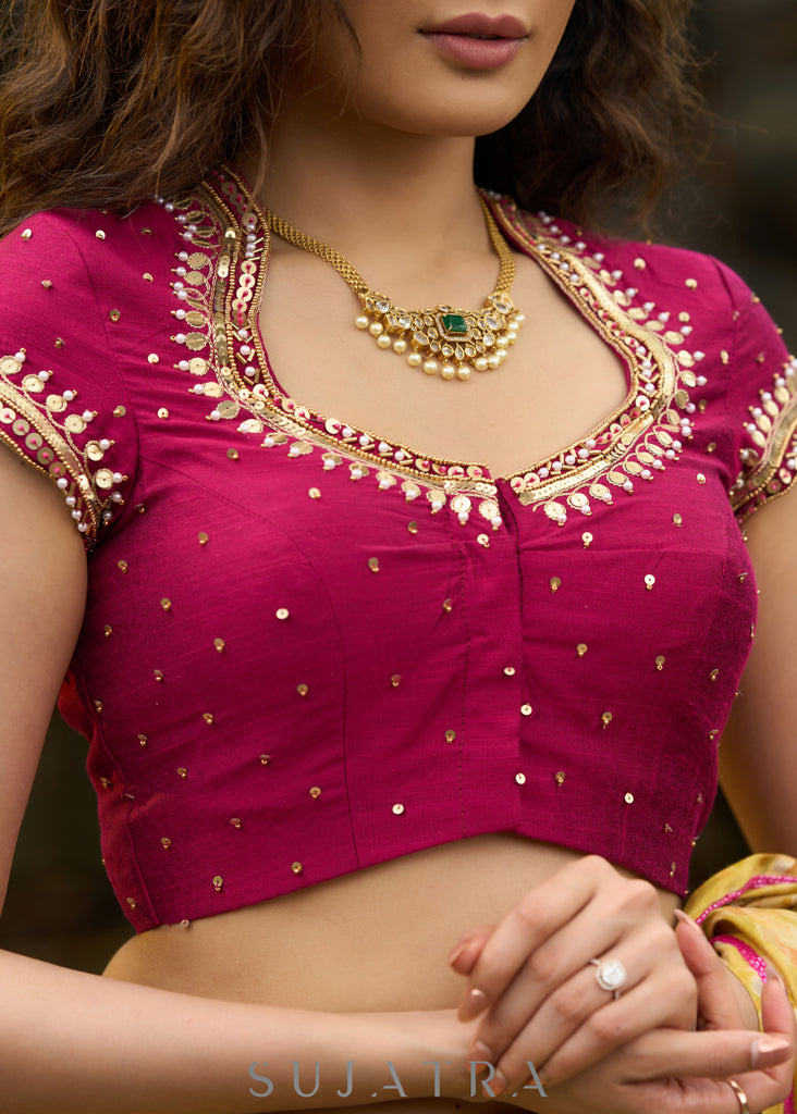 Beautiful Magenta pink cotton silk cap sleeve blouse with overall beautiful sequence embroiderey