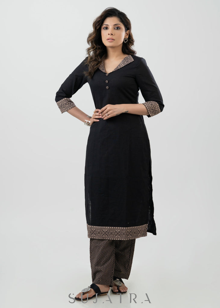 ON-SALE-smart-black-cotton-ajrakh-kurta-pant-optional