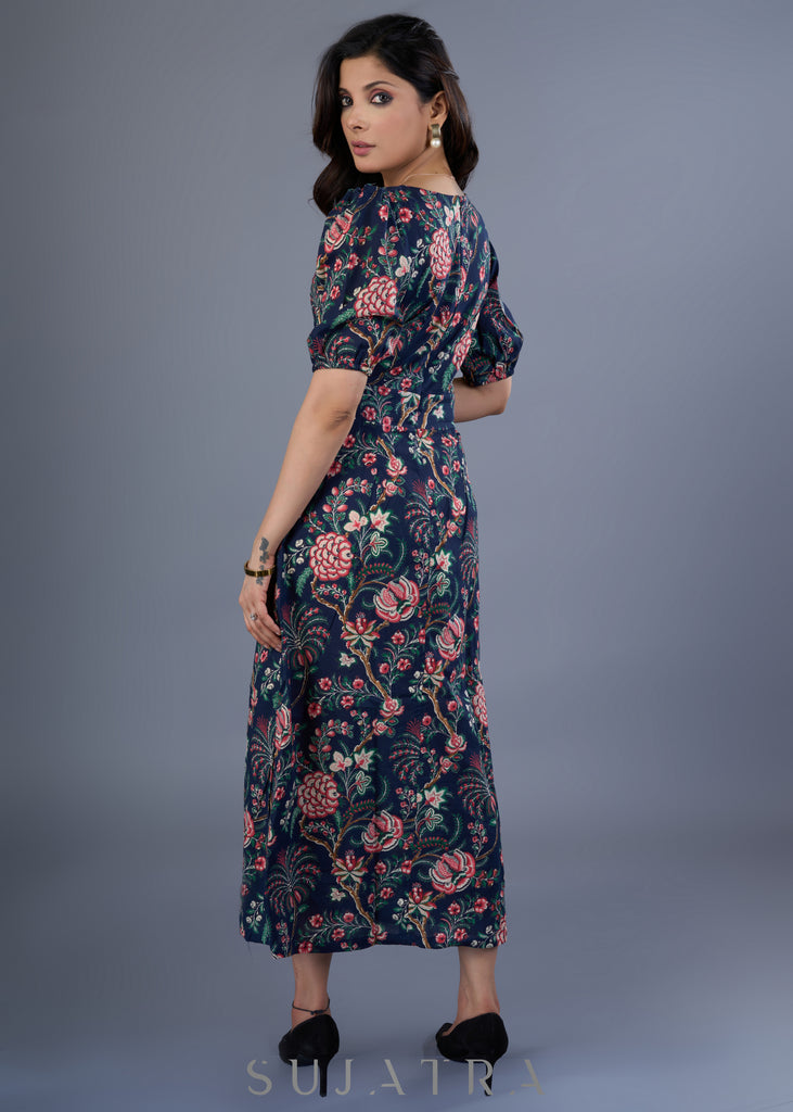 Elegant Navy Blue Cotton Floral Slit Midi Dress