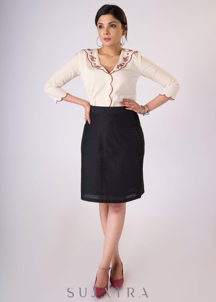 Classy Off-white cotton top with maroon embroidery & scallops detailing - Skirt Optional