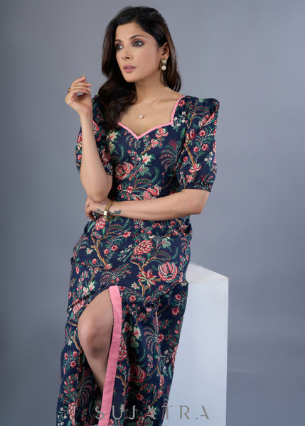 Elegant Navy Blue Cotton Floral Slit Midi Dress